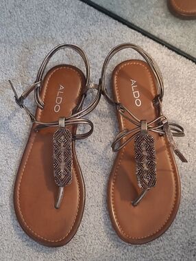 ALDO Bronze Metallic Beaded T-Strap Sandals